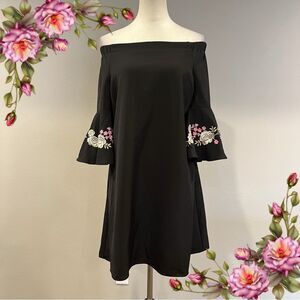 Elegant Black Off-Shoulder Dress with Floral Embroidery